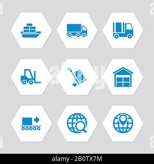 Set di icone di trasporto e consegna logistica. Icona trasporto disegno piatto, illustrazione vettoriale Illustrazione Vettoriale