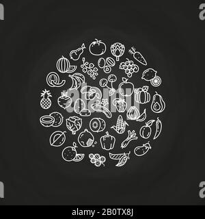 Linea arte frutta e verdura logo su lavagna. Schizzo di disegno barboncino, illustrazione vettoriale Illustrazione Vettoriale