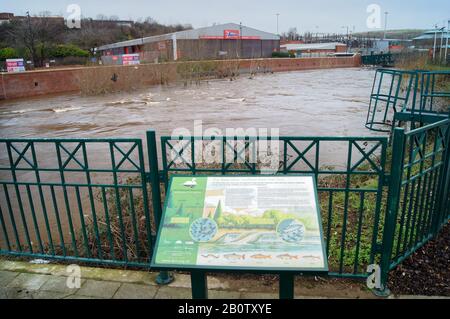 Regno Unito, South Yorkshire, Sheffield, alti livelli d'acqua sul fiume Don. Hadfields Weir è completamente invisibile. Foto Stock