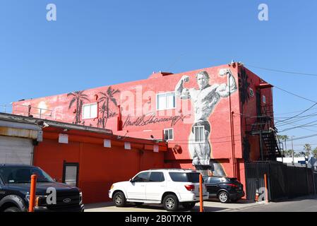 Venezia, CALIFORNIA - 17 FEB 2020: Murale di Arnold Schwarzenegger su un edificio esterno nella popolare città turistica. Foto Stock