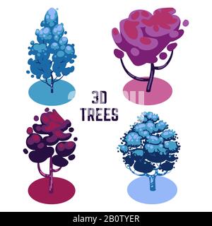 Colori insoliti alberi collezione - fantastico 3D alberi isolati su bianco. Illustrazione del vettore Illustrazione Vettoriale