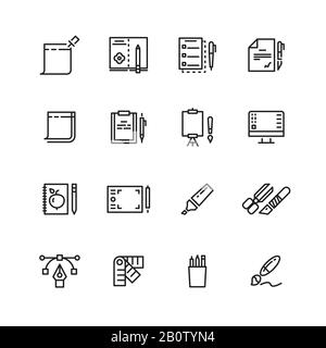 Set di icone delle linee degli strumenti di disegno grafico e scrittura. Raccolta di penna lineare e matita. Illustrazione del vettore Illustrazione Vettoriale