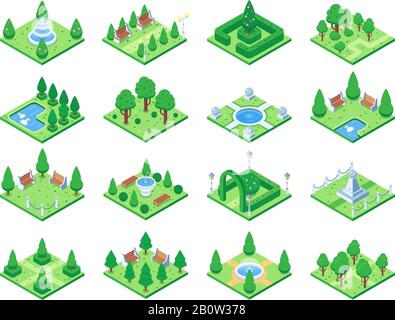 Parco verde isometrico o alberi da giardino. Fontana e cespugli, panchine e stagno. elementi vettoriali della mappa isometrica della città 3d Illustrazione Vettoriale