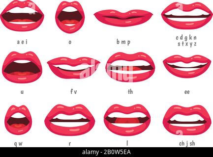 Animazione bocca. Fonemi animati di sincronizzazione labbra per personaggio di una donna di cartone animato. Bocche con labbra rosse che parlano animazione vettore set Illustrazione Vettoriale