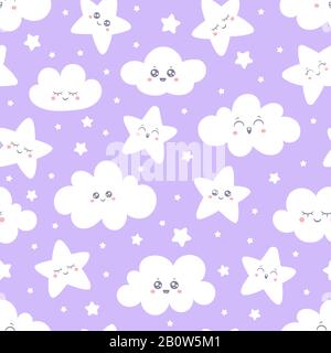 Stelle sorridenti viola senza cuciture e nubi modello per pajamas bambino tessuto. Felice sonno sorriso star cielo. Sfondo del vettore Illustrazione Vettoriale