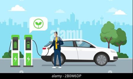 Uomo che carica la sua auto elettrica presso la stazione di ricarica, città in background, concetto di energia verde Illustrazione Vettoriale