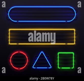 Cornice al neon realistica. Banner lucido con bagliore elettrico sul bordo e cornici luminose vintage. Retrò incandescente bordi vettore set Illustrazione Vettoriale