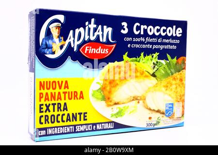 Captain Findu Merluzzo Filetti Di Pesce In Croccante Breadbriciole. FindUs è un marchio di alimenti surgelati di Nomad Foods Group Foto Stock