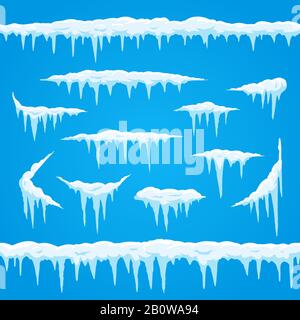 Cartoon icicles ghiaccio cap. Telaio invernale per neve ghiacciata per cartello nevicata. Parte superiore di snowcap, cornice snowed bordi vettore impostato Illustrazione Vettoriale