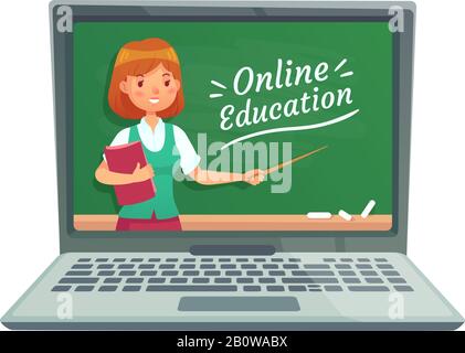 Formazione online con insegnante personale. Il professore insegna la tecnologia informatica. Lavagna scuola isolata su laptop vettore illustrazione Illustrazione Vettoriale