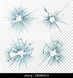 Vetro rotto. Superficie incrinata sullo specchio, smased i vetri o parabrezza dell'automobile danneggiato. Set di vettori per fori di rottura realistici Illustrazione Vettoriale