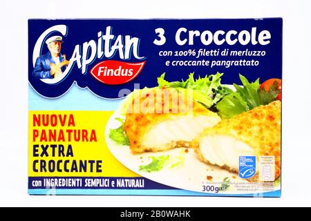 Captain Findu Merluzzo Filetti Di Pesce In Croccante Breadbriciole. FindUs è un marchio di alimenti surgelati di Nomad Foods Group Foto Stock