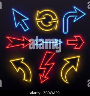 Frecce al neon. Colorate linee di lampadine freccia. Vita notturna tubo luci frecce puntatori. Set VIVID Vector per lampade Illustrazione Vettoriale