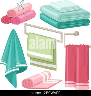 Tovagliolo da bagno in cartone animato. Asciugamani di stoffa appesi in bagno simboli vettoriali isolati Illustrazione Vettoriale