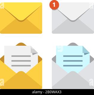 Lettera nella busta di posta. Icone di notifica della cassetta postale o dei messaggi di posta elettronica. Set vettore buste postali con lettere aperte o chiuse Illustrazione Vettoriale