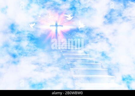 Scale che conducono al cielo con una croce scintillante e colombe volanti. Composizione orizzontale. Foto Stock