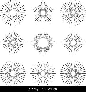 Esplosione solare retrò. Eleganti linee radiose solari. Cerchi vintage bursting Sunshine, set vettoriale astratto linea burst Illustrazione Vettoriale