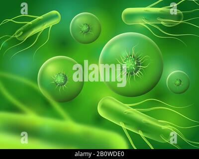 Batteri e cellule realistici. Biologia microscopica verde o microrganismi naturali. Vettore astratto di fondo di cellule biologiche Illustrazione Vettoriale