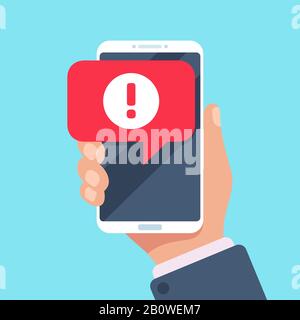 Notifica mobile messaggio di avviso. Avvisi di errore di pericolo, problemi di virus o notifiche di spam sulla schermata del telefono immagine vettore Illustrazione Vettoriale