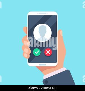 Chiamata in arrivo sul telefono cellulare. Chiamata sullo smartphone con avatar chiamante, foto del contatto su telefoni che squillano immagine vettoriale dello schermo Illustrazione Vettoriale