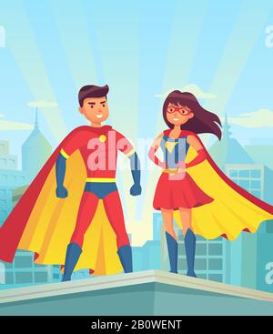 Super eroi. Supereroe comico della coppia, uomo del cartone animato e donna nei vestiti rossi sul tetto della città. Concetto di vettore di giustizia Illustrazione Vettoriale