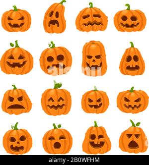 Cartone animato Halloween zucca. Zucche arancioni con carving spaventose facce sorridenti. Decorazione Gourd verdure felice faccia vettore insieme di icone Illustrazione Vettoriale