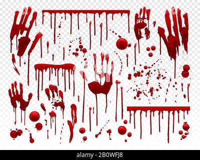 Gocciolamento di sangue. Schizzi di vernice rossa, macchie sanguinose di Halloween e tracce di sangue delle mani sanguinanti. Grondante sangue horror trama vettore set Illustrazione Vettoriale