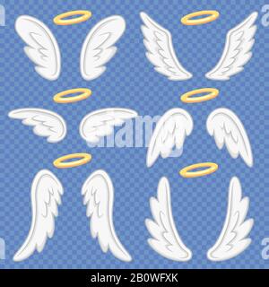 Ali di angelo di cartone animato. Santo angelico nimbus e angeli ala. Set di illustrazioni vettoriali di angeles con ali di volo Illustrazione Vettoriale