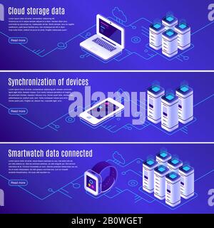 Database isometrico. Computer, laptop e smartphone connessi all'archiviazione dei dati online sul cloud. Accesso sicuro ai banner vettoriali di backup Illustrazione Vettoriale