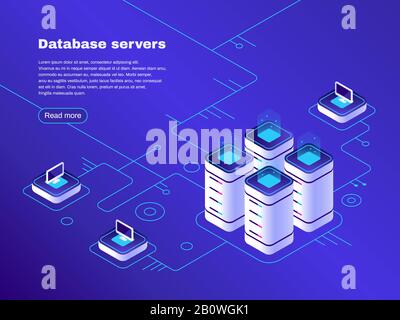 Server di database. Rete di server per data center digitali. Supporto tecnico di hosting. Illustrazione isometrica del vettore di archiviazione cloud online Illustrazione Vettoriale
