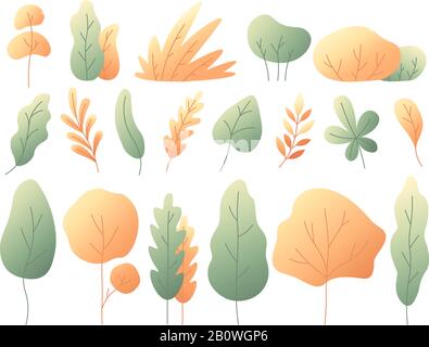 Semplici foglie colorate d'autunno. Alberi e cespugli autunnali. Set vettoriale piatto in foglia giallo minimalista Illustrazione Vettoriale
