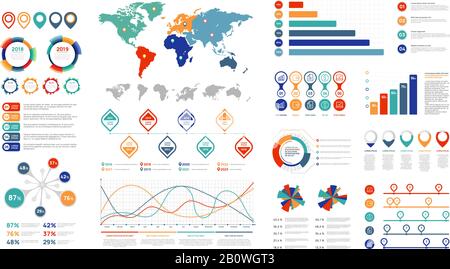 Elementi infografici piatti. Elemento grafico di presentazione, banner grafico percentuale e diagramma di flusso dell'infografo. Grafici per set di vettori infografiche Illustrazione Vettoriale
