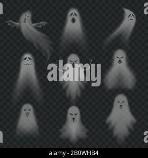 Fantasma realistico. Spaventoso halloween faccia di apparizione, fantasma fantasma fantasma figura volare o notte inquietante morti ghoul fantasmi vettore set Illustrazione Vettoriale