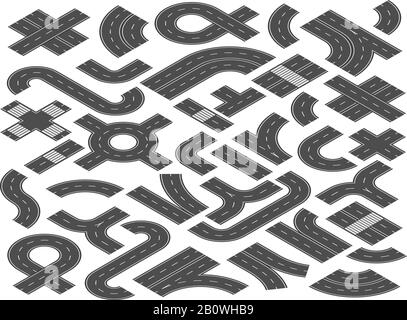 Strada isometrica o autostrada. Elementi per la rappresentazione vettoriale della mappa di viaggio, tratti rettilinei, curvi e attraversati Illustrazione Vettoriale