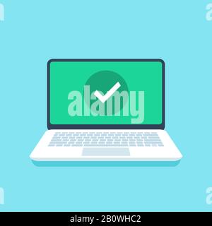Controllare il segno sullo schermo del laptop. L'icona di spunta o la notifica di conferma sull'immagine vettoriale piatta del display del computer portatile aperto sono riuscite Illustrazione Vettoriale