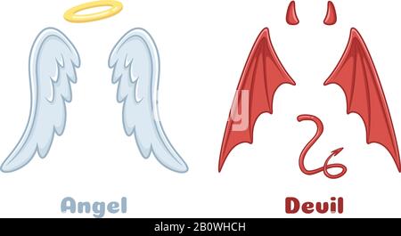 Angeli e demoni ali. Cartoni animati male demoni corna e buona angelo ala con nimbus. Immagine vettoriale diavolo e san angelo Illustrazione Vettoriale