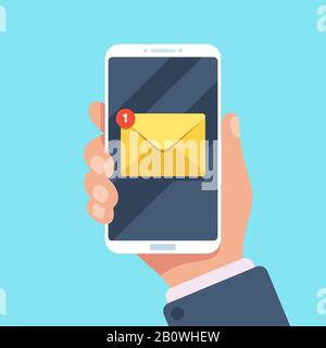 Notifica e-mail sullo smartphone in uso. Nuovo messaggio di posta in arrivo, lettere di posta o sms di lettura sul cellulare vettore illustrazione Illustrazione Vettoriale