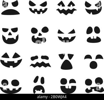 Facce di zucca. Halloween male diavolo faccia. Bocca di sorriso spaventoso, naso spooky e zucche occhi vettore illustrazione set Illustrazione Vettoriale