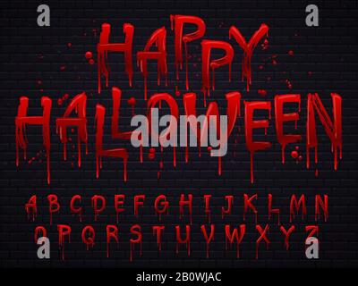 Carattere di Halloween. Horror lettere alfabetiche scritto sangue, spaventoso sanguinare font o bagnato segno sanguinoso isolato vettore illustrazione Illustrazione Vettoriale