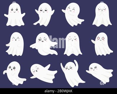 Cute halloween fantasmi. Paura divertente fantasma, curioso scosso e sorridente personaggio fantasma cartone animato illustrazione vettore Illustrazione Vettoriale