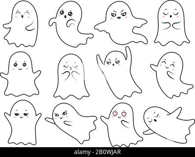 Carino kawaii fantasma. Spooky Halloween fantasmi, sorridente spook e spaventoso personaggio spettrale con Boo volto vettore cartone animato illustrazione Illustrazione Vettoriale