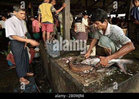 Cliente e fishmonger al mercato del pesce di Sittwe, Stato di Rakhine, Myanmar Foto Stock