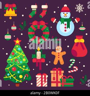 Articoli colorati di natale. Calze di Natale, luci garland per abete e regali di Babbo Natale. Inverno vacanze wreath elementi di decorazione vettore set Illustrazione Vettoriale