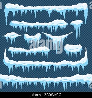 Cartoon neve ghiaccioli. Ghiaccio ghiacciato con cappuccio di neve in cima. Inverno che nevica i bordi per il disegno delle schede di natale. Set di vettori Frost Frame Illustrazione Vettoriale