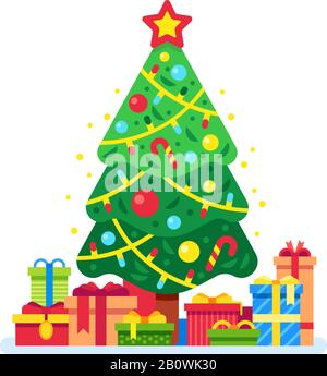 Albero di Natale e scatole regalo. Natale presente sotto abeti verdi, scatola regali con nastro. Le festività presentano un'illustrazione vettoriale piatta Illustrazione Vettoriale