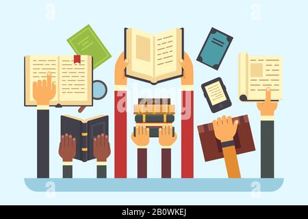 Libri nelle mani. Lettura del libro della biblioteca. Mano che tiene libro di testo, leggi e istruzione flat vettore illustrazione Illustrazione Vettoriale