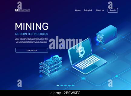 Estrazione della criptovaluta. Blockchain farm mainframe o sistema di computer per miniera. Illustrazione vettoriale isometrica del minatore di valuta digitale Illustrazione Vettoriale