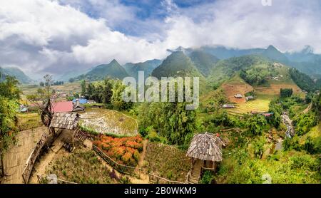Paesaggio con fattoria e campo di riso in Vietnam Foto Stock