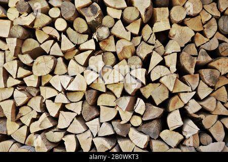 Tronchi di legno tagliati a pezzi accatastati come legna da ardere vicino casa Foto Stock