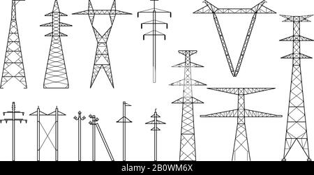 Torri tangenti, piloni elettrici ad alta tensione, linee di trasmissione di potenza, tipi di poli elettrici e torri metalliche Illustrazione Vettoriale